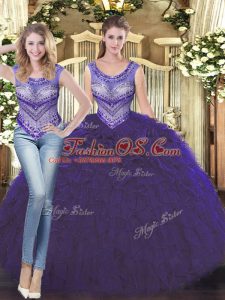 Glorious Floor Length Lace Up Quinceanera Gown Purple for Military Ball and Sweet 16 and Quinceanera with Beading and Ruffles