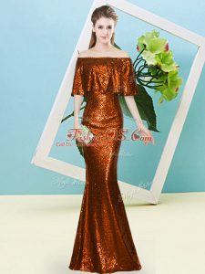 Low Price Rust Red Mermaid Sequined Off The Shoulder Half Sleeves Sequins Floor Length Zipper Evening Dress