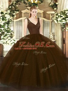 Luxury Brown Sleeveless Floor Length Beading and Lace Backless Quince Ball Gowns