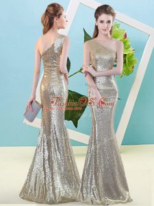 Modest Champagne One Shoulder Zipper Sequins Prom Dress Sleeveless