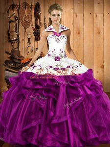 Floor Length Eggplant Purple 15th Birthday Dress Organza Sleeveless Embroidery and Ruffles