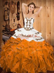 New Arrival Sleeveless Satin and Organza Floor Length Lace Up Quinceanera Gowns in Orange with Embroidery and Ruffles
