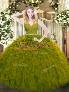 Floor Length Olive Green Sweet 16 Dresses V-neck Sleeveless Zipper