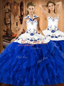 Blue And White Sleeveless Satin and Organza Lace Up Ball Gown Prom Dress for Military Ball and Sweet 16 and Quinceanera