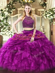 Sleeveless Zipper Floor Length Beading and Ruffles Quinceanera Dress