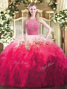 Stunning Multi-color 15 Quinceanera Dress Military Ball and Sweet 16 and Quinceanera with Beading and Ruffles Halter Top Sleeveless Zipper