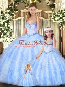 Colorful Lavender Ball Gowns Organza Sweetheart Sleeveless Beading and Ruffles Floor Length Lace Up Quinceanera Gowns