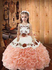 Peach Ball Gowns Fabric With Rolling Flowers Straps Sleeveless Embroidery and Ruffles Floor Length Lace Up Girls Pageant Dresses