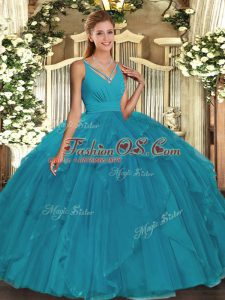 Exquisite Teal V-neck Backless Beading Quince Ball Gowns Sleeveless