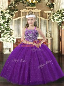 Straps Sleeveless Little Girl Pageant Gowns Floor Length Beading Purple Tulle