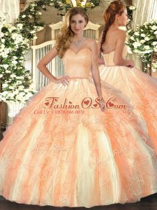 Best Ruffles Quinceanera Gowns Orange Lace Up Sleeveless Floor Length