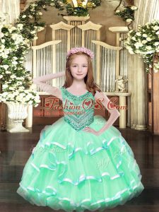 Stunning Apple Green Organza Lace Up High School Pageant Dress Sleeveless Floor Length Beading and Ruffled Layers