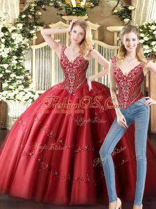 Wine Red V-neck Lace Up Beading Sweet 16 Dresses Sleeveless