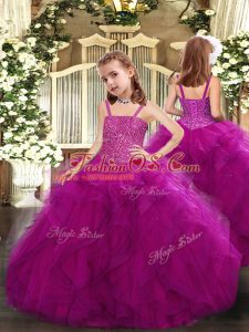 Fashionable Straps Sleeveless Lace Up Little Girls Pageant Gowns Fuchsia Tulle