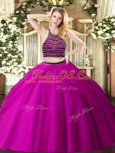 Inexpensive Fuchsia Sleeveless Tulle Zipper Sweet 16 Quinceanera Dress for Military Ball and Sweet 16 and Quinceanera