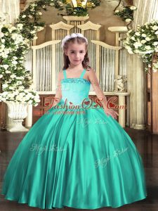 Superior Turquoise Lace Up Straps Appliques Kids Pageant Dress Satin Sleeveless