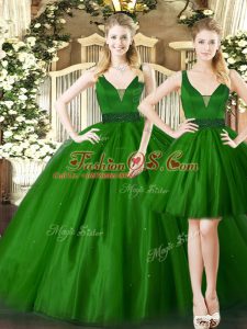 Inexpensive Dark Green Tulle Lace Up Straps Sleeveless Floor Length Vestidos de Quinceanera Ruching