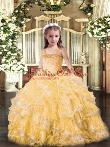 Cute Organza Straps Sleeveless Lace Up Appliques and Ruffled Layers Little Girls Pageant Gowns in Gold