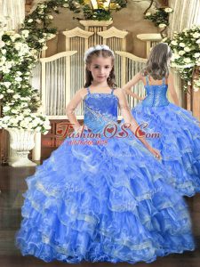 Elegant Baby Blue Lace Up Little Girls Pageant Dress Wholesale Beading and Ruffled Layers Sleeveless Floor Length