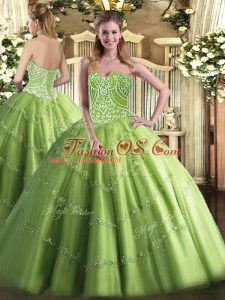 Designer Olive Green Tulle Lace Up Quinceanera Gown Sleeveless Floor Length Beading