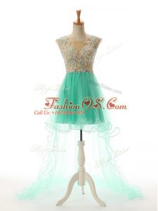 Romantic A-line Dress for Prom Apple Green Scoop Tulle Sleeveless High Low Backless