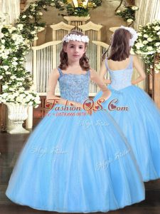 Stylish Baby Blue Straps Neckline Beading Pageant Gowns For Girls Sleeveless Lace Up