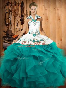 Flare Sleeveless Embroidery and Ruffles Lace Up 15th Birthday Dress