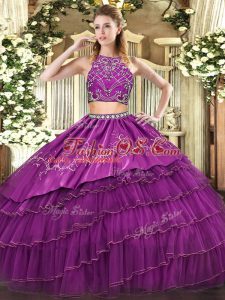 Sleeveless Tulle Floor Length Zipper 15 Quinceanera Dress in Burgundy with Beading and Embroidery and Ruffled Layers