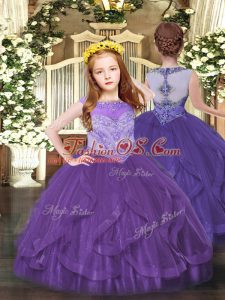 Purple Ball Gowns Beading and Ruffles Winning Pageant Gowns Zipper Tulle Sleeveless Floor Length
