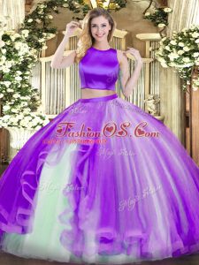 Purple Sleeveless Floor Length Ruffles Criss Cross Quinceanera Dress