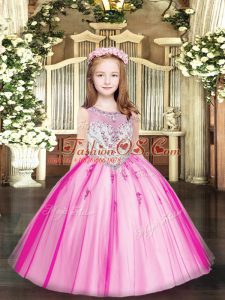 Sleeveless Floor Length Beading and Appliques Zipper Little Girls Pageant Dress Wholesale with Fuchsia