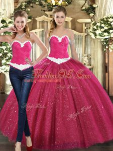 Pretty Sleeveless Tulle Floor Length Lace Up Sweet 16 Dresses in Fuchsia with Ruching