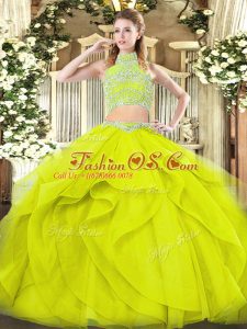 Yellow Green Backless Sweet 16 Dress Beading and Ruffles Sleeveless Floor Length