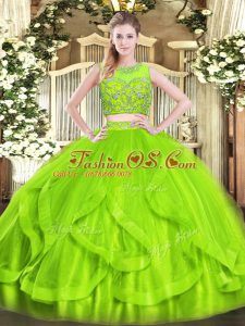 Classical Tulle Zipper Quinceanera Gowns Sleeveless Floor Length Beading and Ruffles