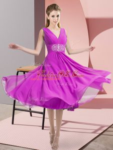 High Class Sleeveless Chiffon Knee Length Side Zipper Dama Dress in Fuchsia with Beading