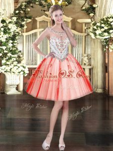 Scoop Sleeveless Zipper Evening Dress Coral Red Tulle