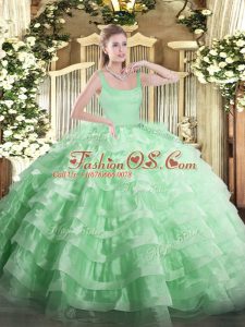 Fashion Ball Gowns Quinceanera Dresses Apple Green Straps Organza Sleeveless Floor Length Zipper