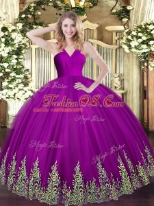 Beautiful Sleeveless Floor Length Appliques Zipper Sweet 16 Dresses with Fuchsia