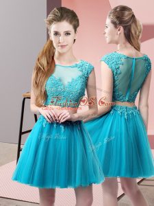 Low Price Baby Blue Two Pieces Scoop Sleeveless Tulle Mini Length Zipper Appliques Prom Party Dress
