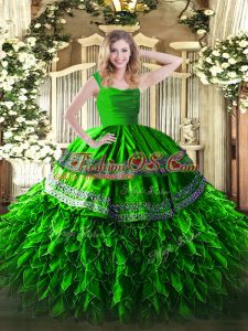 Modest Sleeveless Floor Length Appliques and Ruffles Zipper Quinceanera Dresses with
