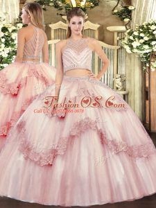 Baby Pink Sweet 16 Dress Military Ball and Sweet 16 and Quinceanera with Beading and Appliques Scoop Sleeveless Zipper