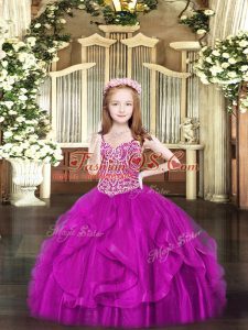 Fuchsia Spaghetti Straps Neckline Beading and Ruffles Pageant Dress Toddler Sleeveless Lace Up