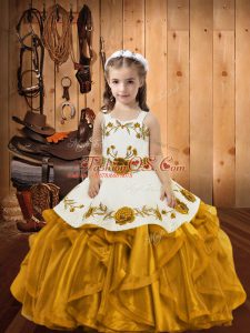 Great Floor Length Gold Little Girls Pageant Dress Wholesale Straps Sleeveless Zipper