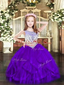 Sleeveless Tulle Floor Length Zipper Pageant Dress for Teens in Purple with Beading and Ruffles