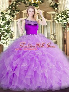 Discount Lavender Sleeveless Floor Length Beading and Ruffles and Hand Made Flower Zipper 15 Quinceanera Dress
