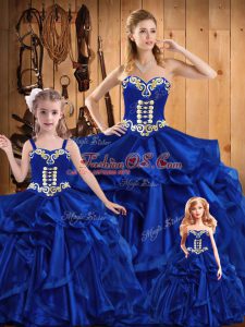 Smart Floor Length Lace Up Quince Ball Gowns Royal Blue for Military Ball and Sweet 16 and Quinceanera with Embroidery and Ruffles