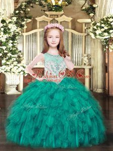 Sleeveless Organza Floor Length Zipper Kids Formal Wear in Turquoise with Beading and Ruffles