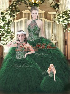 Sweet Floor Length Dark Green Quince Ball Gowns Halter Top Sleeveless Lace Up