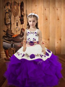 Fashion Floor Length Purple Winning Pageant Gowns Straps Sleeveless Lace Up