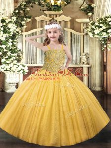 Gold Ball Gowns Straps Sleeveless Tulle Floor Length Lace Up Beading Kids Pageant Dress